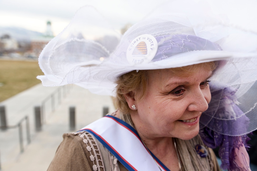 (Leah Hogsten  |  The Salt Lake Tribune)  Colleen Taylor shows off her suffragist attire while rallying with fellow League of Women Voters of Salt Lake and Utah, Friday, Feb. 14, 2020 in celebration of 150 years since Utah women voted, 100 years of the 19th Amendment and the 100th anniversary of League of Women Voters.