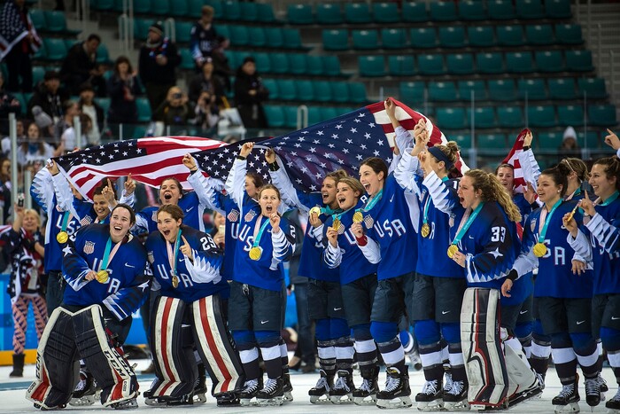 (Chris Detrick  |  The Salt Lake Tribune) Members of team USA celebrate after winning the Women's Gold Medal Game at Gangneung Hockey Centre during the Pyeongchang 2018 Winter Olympics Thursday, Feb. 22, 2018. United States defeated Canada 3-2 in a shootout victory. 