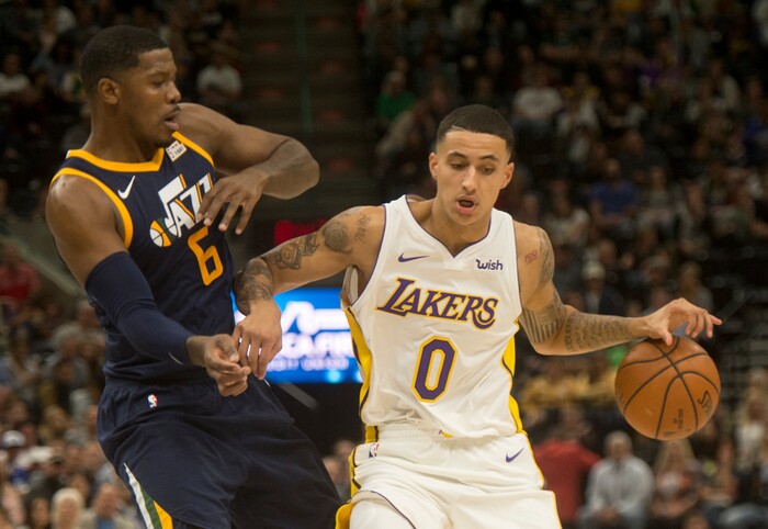 (Rick Egan  |  The Salt Lake Tribune)  Los Angeles Lakers guard Corey Brewer (3) tries to get past Utah Jazz guard Joe Johnson (6), in NBA action, Utah Jazz vs. Los Angeles Lakers, in Salt Lake City, Saturday, October 28, 2017.