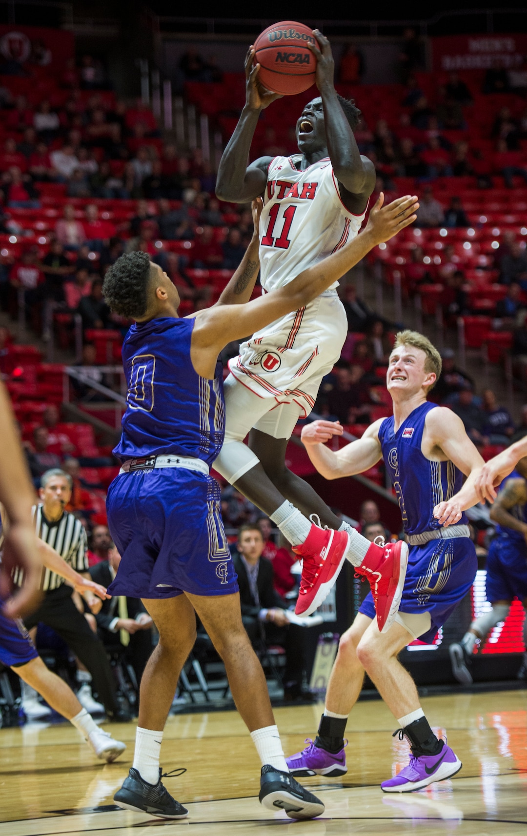 (Rick Egan  |  The Salt Lake Tribune)   Utah Utes forward Both Gach (11) goes to the hoop, as Jalen Galloway (0) College of Idaho, defends, in basketball action, between the Utah Utes and the College of Idaho Yotes at the Jon M. Huntsman Center, Thursday, Nov. 1, 2018.