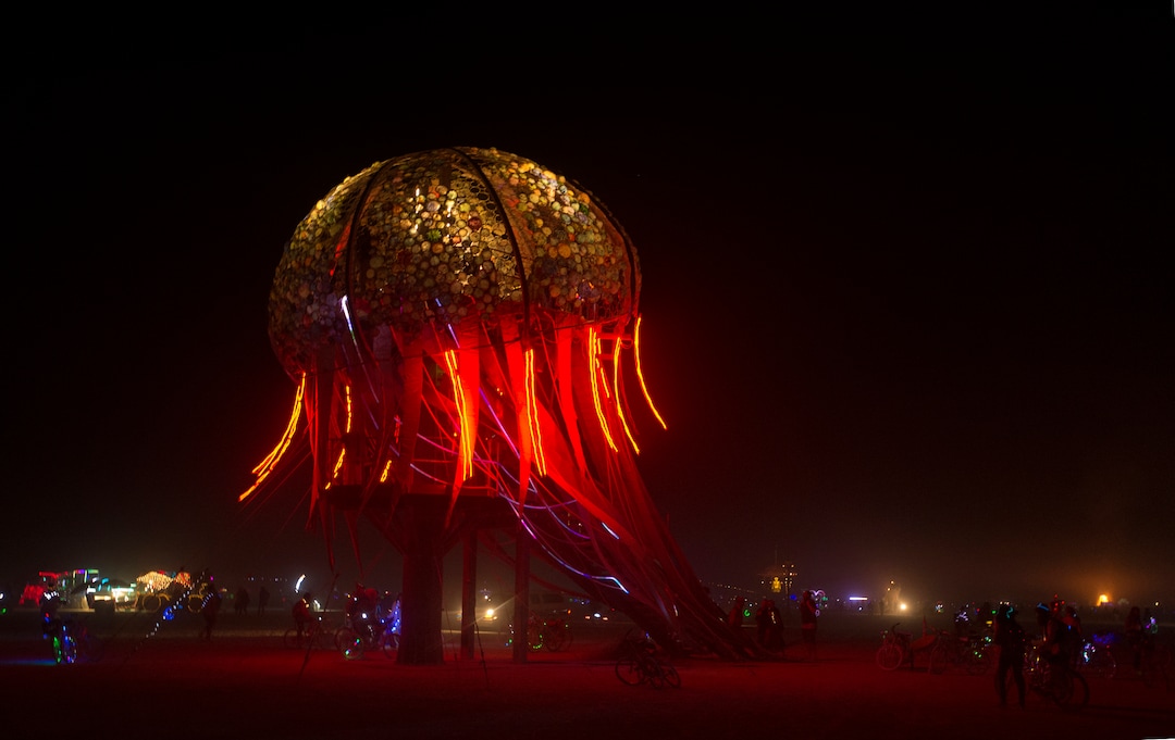 (Rick Egan  |  The Salt Lake Tribune)The "Bloom" jelly fish, by artist, Pete Hazel glows in the evening, at Burning Man 2017,Friday, September 1, 2017.