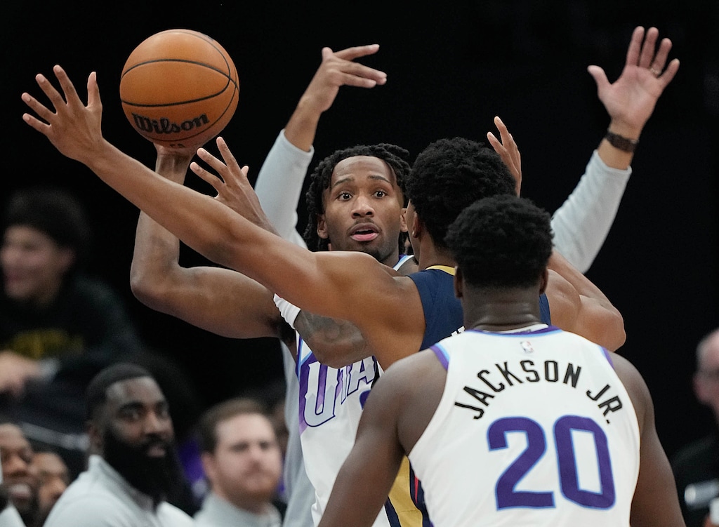 (Francisco Kjolseth | The Salt Lake Tribune) Utah Jazz guard Darryn Peterson (22) looks for an opening past the New Orleans Pelicans during an NBA game at the Delta Center on Friday Oct. 23, 2026.