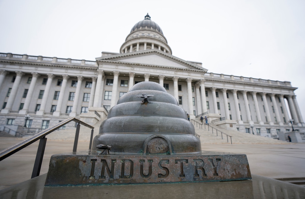 (Bethany Baker  |  The Salt Lake Tribune) The word ÒIndustryÓ is seen near the flag pole in front of the Utah Capitol in Salt Lake City on Friday, Jan. 2, 2026.