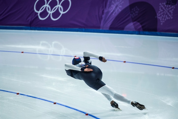 (Chris Detrick  |  The Salt Lake Tribune) Shani Davis of the United States competes in the Men's 1,000m at Gangneung Oval during the Pyeongchang 2018 Winter Olympics Friday, Feb. 23, 2018. Davis finished in 7th place with a time of 1:08.78. 