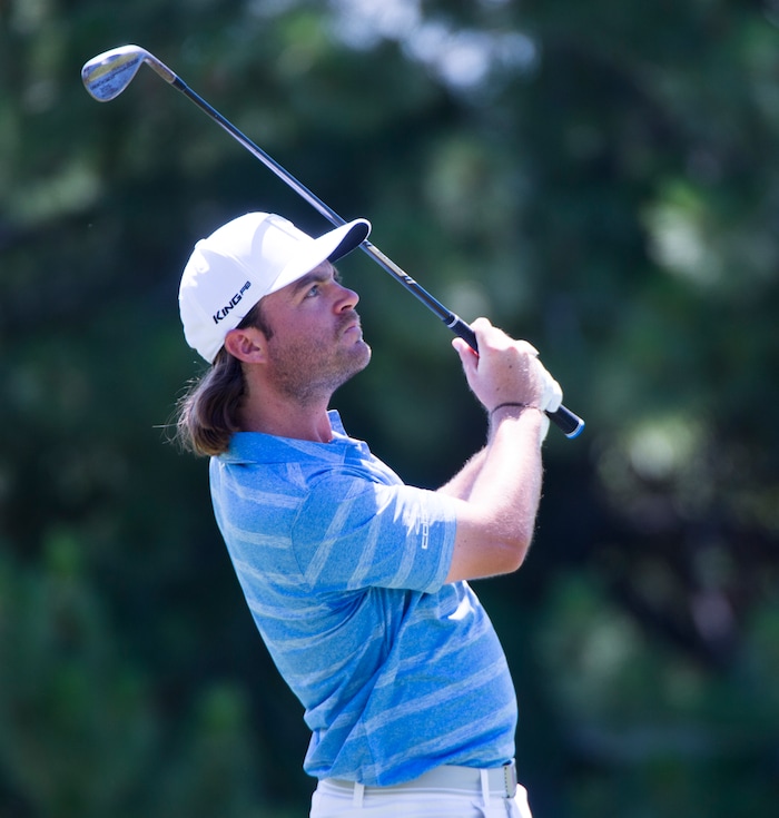 (Rick Egan  |  The Salt Lake Tribune)      Joey Garber, Petroskey, MI, chips onto the green, on the second round of the Utah Championship golf event on the Web.com Tour at Oakridge Country Club in Farmington. July 13, 2018.


