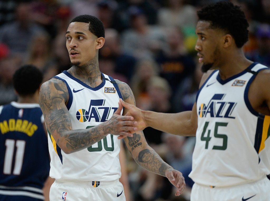 (Francisco Kjolseth  |  The Salt Lake Tribune) Utah Jazz guard Jordan Clarkson (00) and Utah Jazz guard Donovan Mitchell (45) host the Denver Nuggets in their NBA basketball game at Vivint Smart Home Arena in Salt Lake City on Wednesday, Feb. 5, 2020.