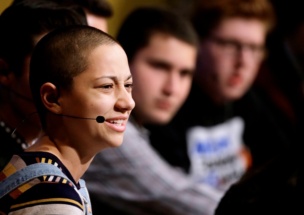 (Steven Senne | The Associated Press) Marjory Stoneman Douglas High School students, front the left, Emma Gonzalez, Alex Wind, and Matt Deitsch participate in a panel discussion about guns, Tuesday, March 20, 2018, at Harvard Kennedy School's Institute of Politics, in Cambridge, Mass. The Feb. 14, 2018 attack in Florida killed 17 people, 14 of them students. The students have become vocal advocates for stricter gun laws.
