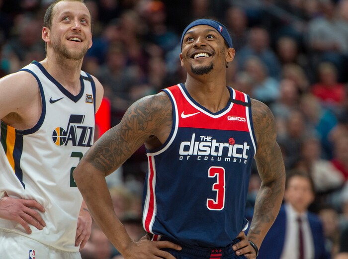 (Rick Egan  |  The Salt Lake Tribune) Utah Jazz guard Joe Ingles (2) and Washington Wizards guard Bradley Beal (3) share a laugh during a break in the action, in NBA action between the Utah Jazz and the Washington Wizards, in Salt Lake City, Friday, February 28, 2020