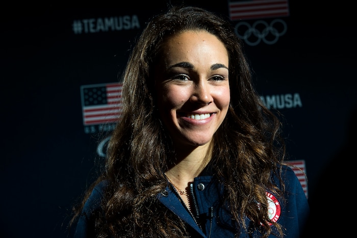 (Chris Detrick  |  The Salt Lake Tribune)  Ski jumping athlete Sarah Hendrickson speaks during the Team USA Media Summit at the Grand Summit Hotel in Canyons Village Tuesday, September 26, 2017.