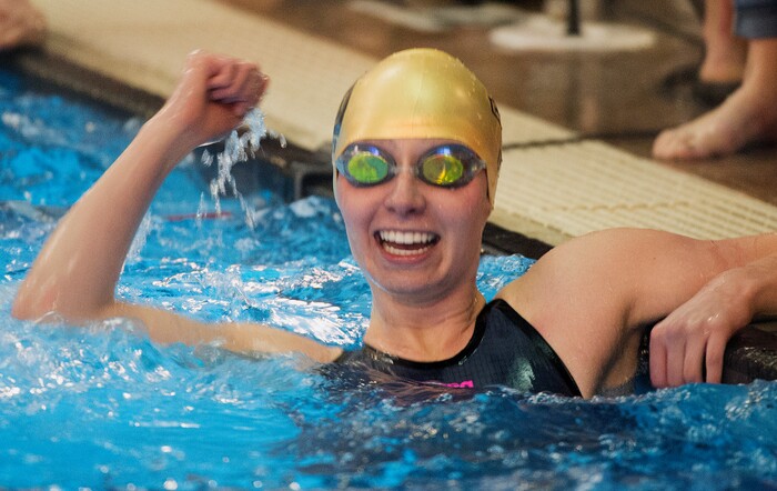 (Rick Egan  |  The Salt Lake Tribune)    Lone Peak Swimmer, Taylor McAleavy celebrates Lone Peak's state championship win in the 200 Yard Freestyle relay, in 6A State Swimming Championships in Bountiful, Friday, February 9, 2018.