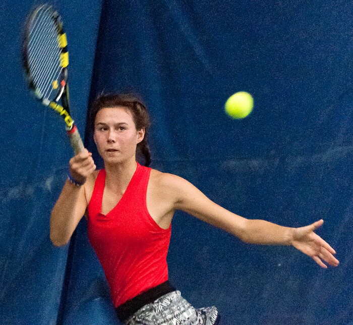 Michael Mangum  |  Special to the TribunePark City High School's Livi Rockwood returns the ball during the Utah high school state tennis finals at the Salt Lake Tennis & Health Club in Salt Lake City on Saturday, September 30, 2017. Rockwood was defeated by Ridgeline High's Naya Tillit for the 4A 1st singles state championship.