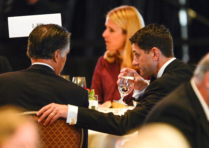 Leah Hogsten | The Salt Lake Tribune
U. S. House Speaker Paul Ryan chats with Republican Senate candidate Mitt Romney during a ceremony honoring Utah Senator Orrin G. Hatch, Saturday, June 9, 2018, at the Grand America Hotel in Salt Lake City. The Salt Lake Chamber awarded Sen. Hatch with the 39th Giant in Our City, for his exceptional and distinguished service and extraordinary professional achievement throughout his political career.