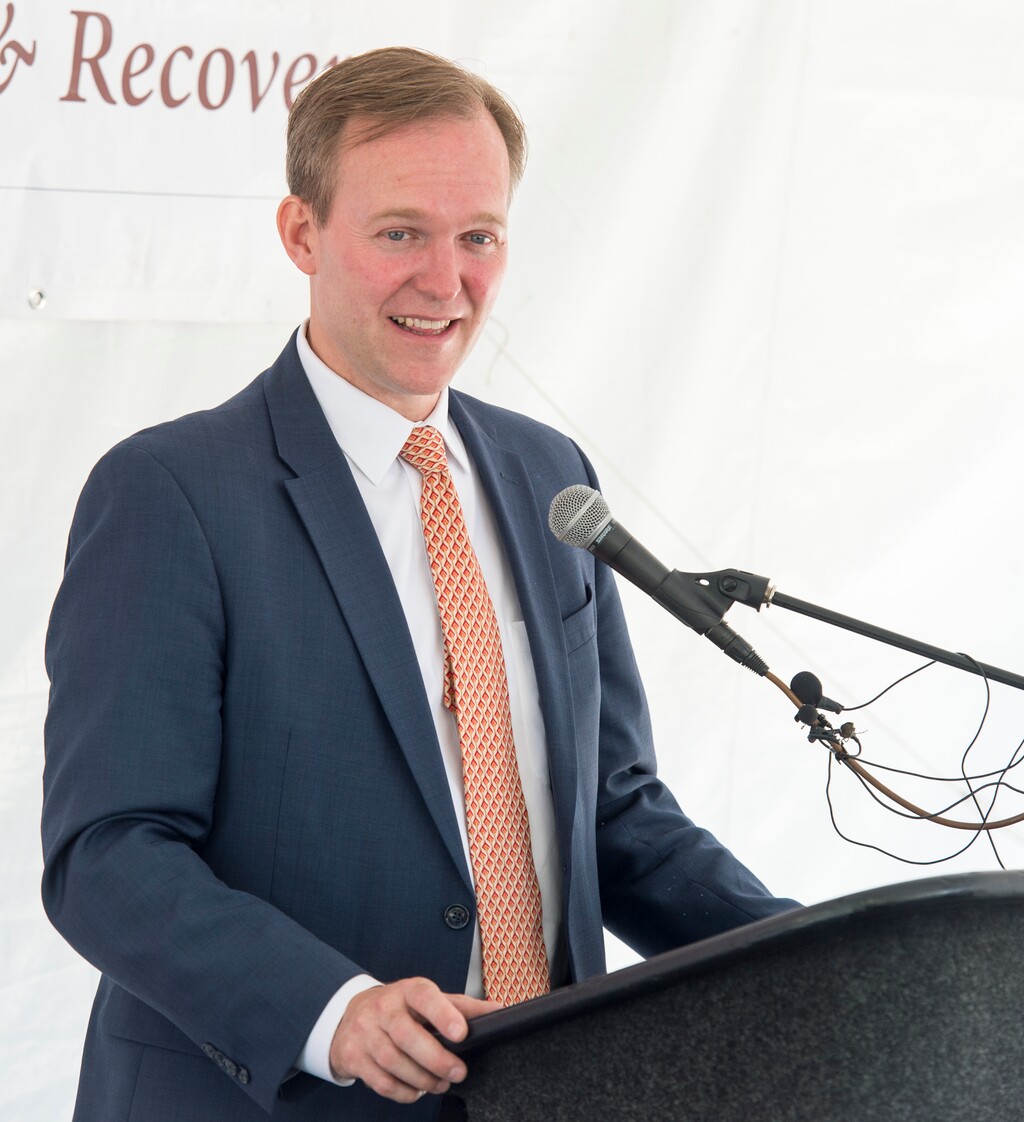 (Rick Egan  |  The Salt Lake Tribune)       Salt Lake County Mayor, Ben McAdams, says a few words during the news conference announcing the new employment program at the First Step House, with KeyBank Foundation and Salt Lake County Housing and Community Development, Friday, June 29, 2018.