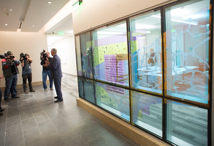 (Rick Egan  |  The Salt Lake Tribune)    Sim Gill, Salt Lake County District Attorney, gives a tour of the 5th floor of the new Salt Lake County District Attorney building in Salt Lake City, Friday, March 9, 2018.



