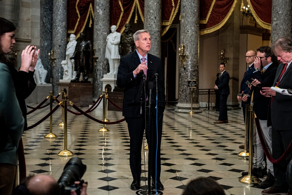 (Haiyun Jiang | The New York Times)

House Speaker Kevin McCarthy (R-Calif.) speaks to reporters during a press conference in Statuary Hall on Capitol Hill, in Washington on Thursday, Jan. 12, 2023. McCarthy has said it is President Biden and his allies who are acting recklessly regarding the debt ceiling.