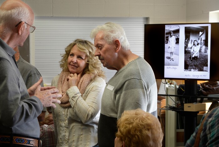 (Scott Sommerdorf | The Salt Lake Tribune) Newfound cousins Jennifer Dodge McLeish and Johnny Dodge, right, speak with Robert "Bob" Sweet, left, as their families gathered for a reunion, Thursday, November 9, 2017 at the Bountiful Tabernacle.