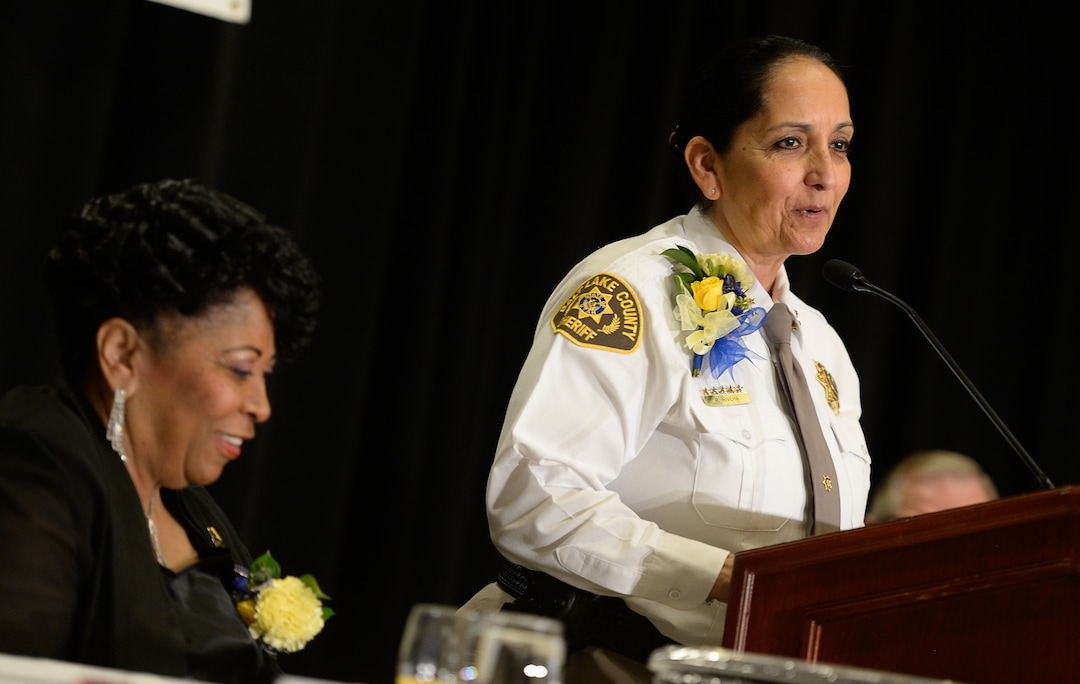 (Francisco Kjolseth  |  The Salt Lake Tribune) Salt Lake County Sheriff Rosie Rivera, right, makes a few remarks alongside Jeanetta Williams, President of the NAACP Salt Lake Chapter after receiving the Rosa Parks Award during the Dr. Martin Luther King Jr. Memorial Luncheon at Little America Hotel on Monday, Jan. 20, 2020. Rivera is the first female Sheriff in the state of Utah.