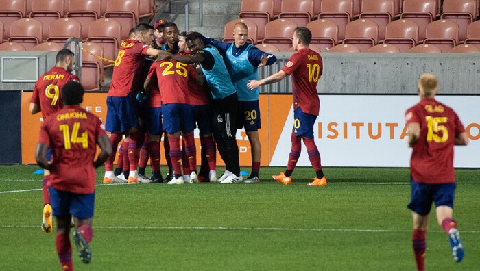 (Francisco Kjolseth  |  The Salt Lake Tribune) Real Salt Lake midfielder Albert Rusnak (11) celebrates with teammates after scoring the first goal of the night as Real Salt Lake hosts L.A. Galaxy at Rio Tinto Stadium in Sandy on Wednesday, Sept. 23, 2020.