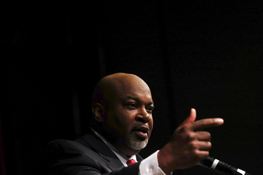 Lt. Gov. Mark Robinson, speaks after winning the Republican primary for the governor’s race during a watch party event in Greensboro, N.C., March 5, 2024. (Travis Dove/The New York Times)
