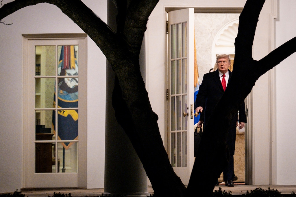 (Pete Marovich | The New York Times)

President Donald Trump leaves the Oval Office of the White House in Washington, on Monday, Jan. 4, 2021. "During impeachment, Republicans who were unwilling to defend the president’s conduct, but also unwilling to penalize him, insisted that if Americans didn’t like his behavior they could vote him out," writes opinion columnist Michelle Goldberg. "Americans did, and now Trump’s party is refusing to accept it."