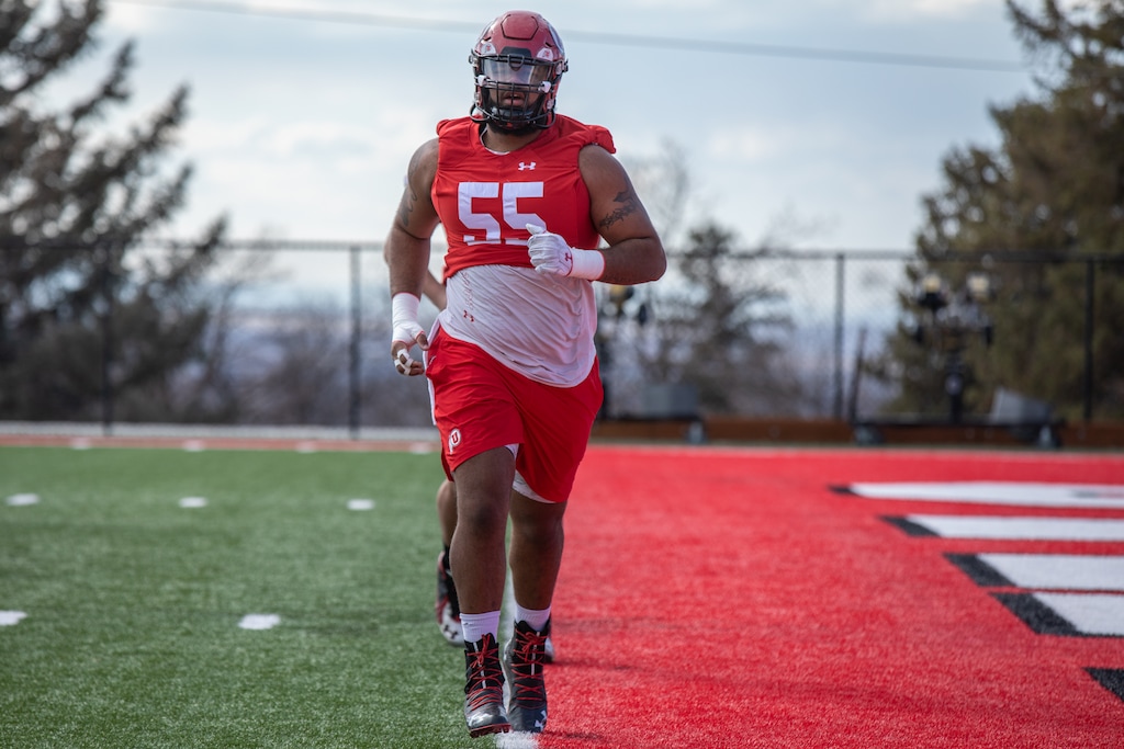 (Kory Mortensen | University of Utah Athletics) Offensive lineman Nick Ford participates in Utah football spring practice, Monday, March 15, 2021.
