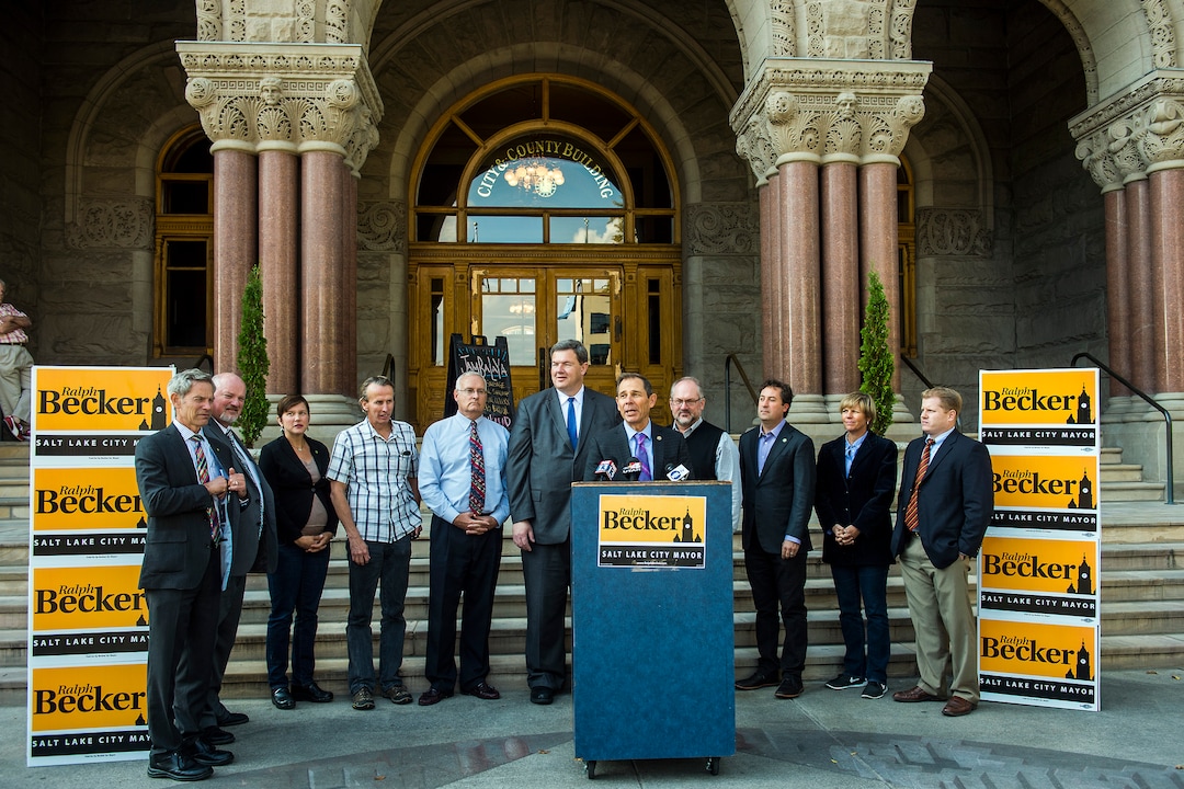 (Chris Detrick  |  Tribune file photo)  Provo Mayor John R. Curtis endorses Salt Lake City Mayor Ralph Becker for reelection during a press conference outside of the City and County Building Thursday October 22, 2015.  