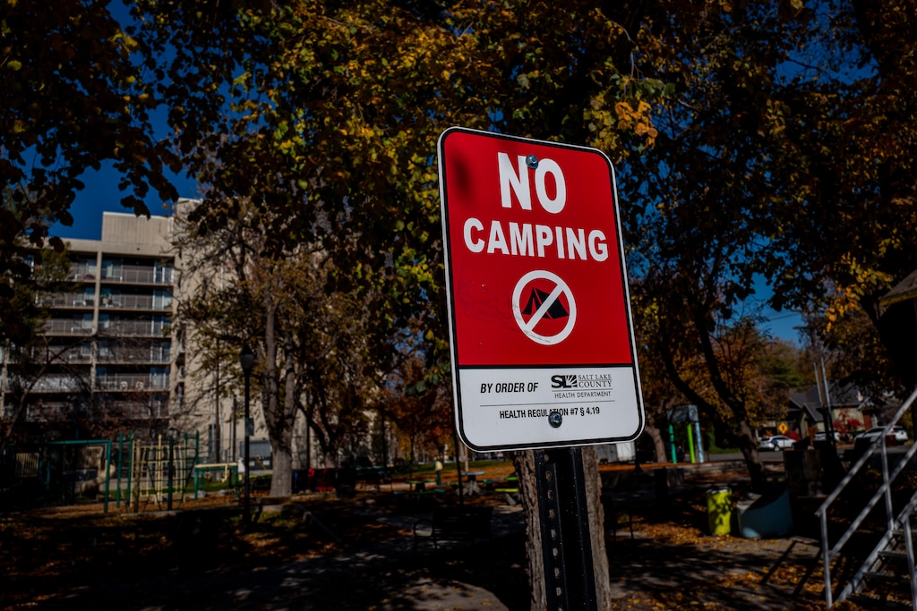 (Trent Nelson  |  The Salt Lake Tribune) A "No Camping" sign at Taufer Park in Salt Lake City on Thursday, Nov. 9, 2023.