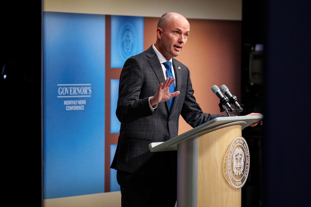 (Trent Nelson  |  The Salt Lake Tribune) Gov. Spencer Cox speaks at his monthly news conference in Salt Lake City on Thursday, March 21, 2024. The Utah governor said he plans to veto "several" bills passed by the Legislature this year.
