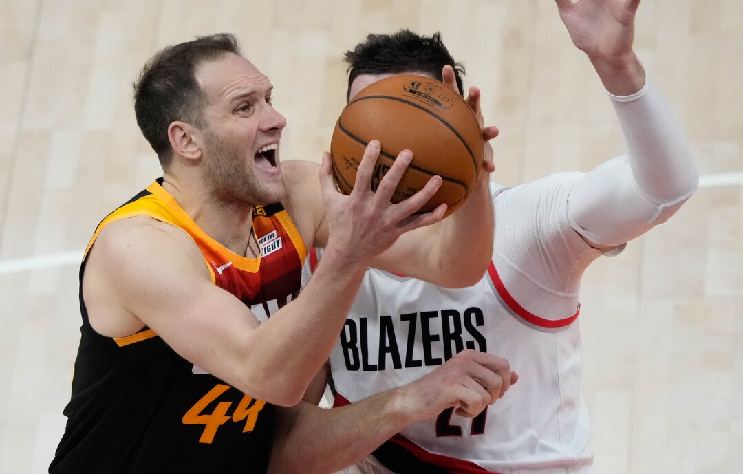 (Francisco Kjolseth | The Salt Lake Tribune) Utah Jazz forward Bojan Bogdanovic (44) pushes past Portland Trail Blazers center Jusuf Nurkic (27) in NBA action between the Utah Jazz and the Portland Trail Blazers, at Vivint Smart Home Arena, on Wednesday, May 12, 2021.
