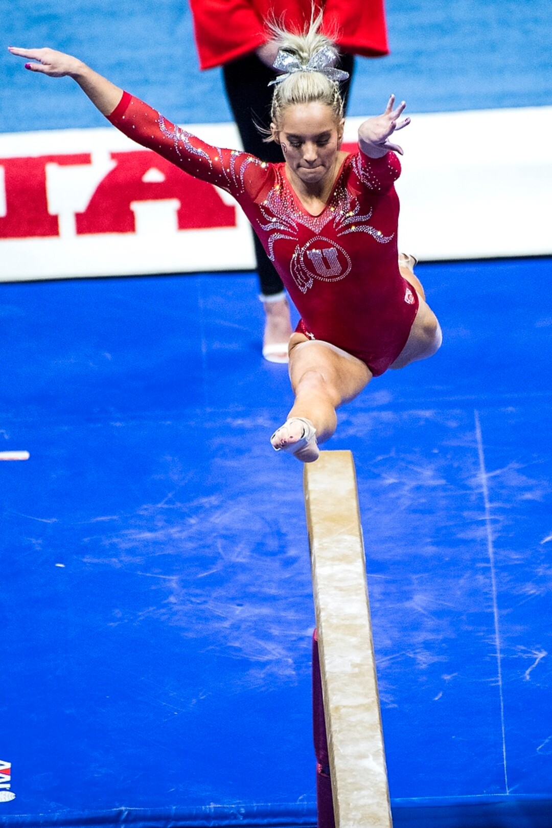 (Chris Detrick  |  The Salt Lake Tribune)  Utah's Mykayla Skinner competes on the beam during the gymnastics meet against Brigham Young University Friday, January 5, 2018.  