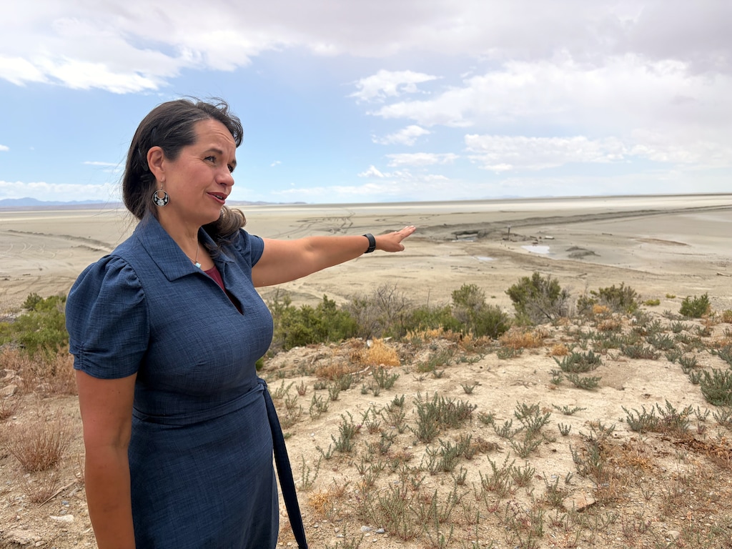 (Megan Banta | The Salt Lake Tribune) Rhonda Lauritzen points to where the water used to come up to land her family owns on the north arm of the Great Salt Lake during a tour of multiple sites in and near the project area for the proposed Stratos data center project on Tuesday, June 9, 2026.
