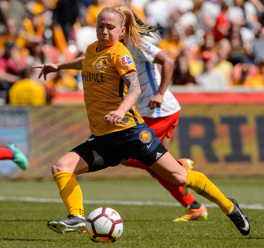 (Trent Nelson | The Salt Lake Tribune)  Utah Royals FC hosts the Chicago Red Stars, at Rio Tinto Stadium in Sandy, Saturday April 14, 2018. Utah Royals FC midfielder Gunnhildur Jónsdóttir (23).