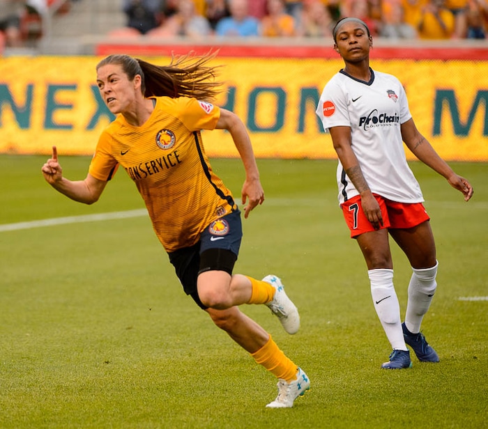 (Trent Nelson | The Salt Lake Tribune)
Utah Royals vs. Washington Spirit, soccer at Rio Tinto Stadium in Sandy, Saturday May 5, 2018. Utah Royals FC defender Kelley O'Hara (5) scores a goal.