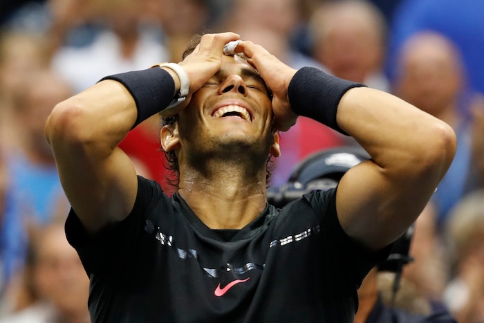 Rafael Nadal, of Spain, reacts after beating Kevin Anderson, of South Africa, to win the men's singles final of the U.S. Open tennis tournament, Sunday, Sept. 10, 2017, in New York. (AP Photo/Adam Hunger)