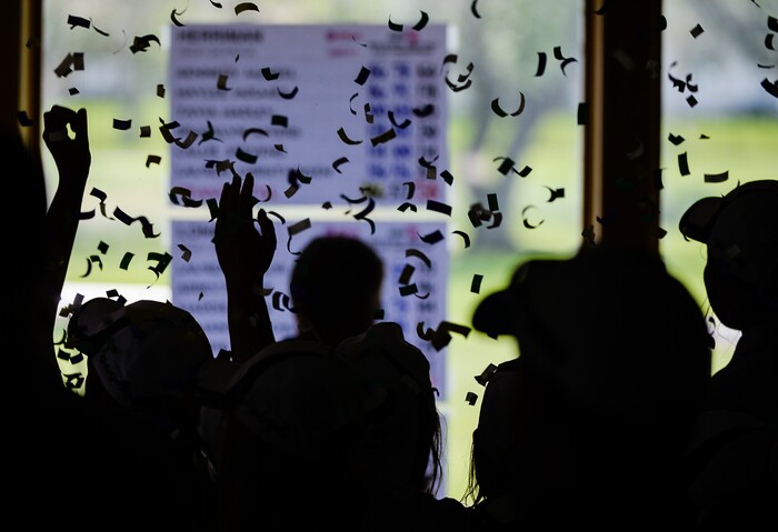 (Francisco Kjolseth  |  The Salt Lake Tribune)  Lone Peak celebrates their team title on day two of the Class 6A girls' golf state tournament at Meadow Brook Golf Course in Taylorsville on Tuesday, May 15, 2018.