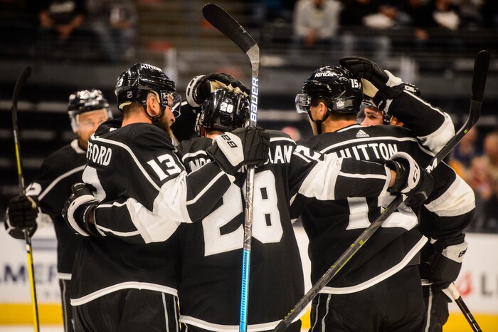 (Trent Nelson  |  The Salt Lake Tribune)  Los Angeles Kings center Jaret Anderson-Dolan (28) celebrates a goal as the Los Angeles Kings face the Vancouver Canucks, NHL hocket in Salt Lake City on Saturday Sept. 21, 2019.