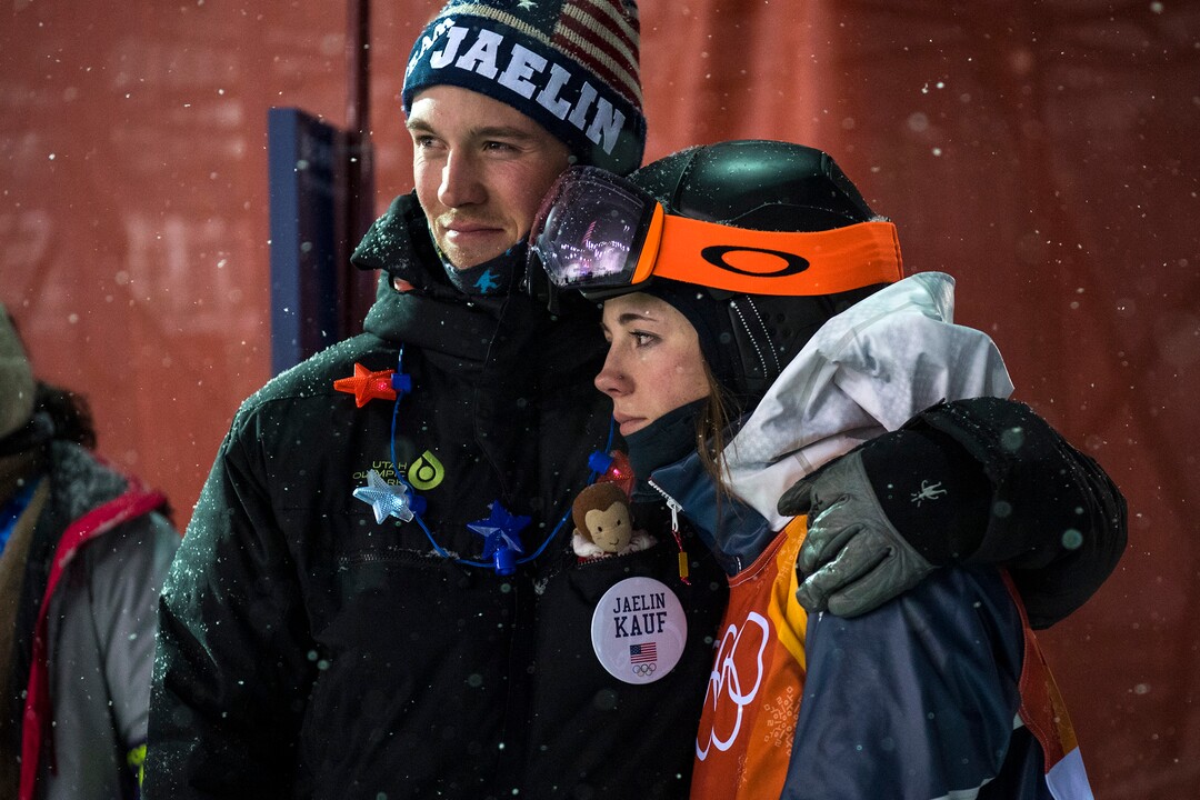 (Chris Detrick  |  The Salt Lake Tribune)  Park City's Jaelin Kauf gets a hug from from her brother Skyler Kauf after competing the Ladies' Moguls Final at Phoenix Park during the Pyeongchang 2018 Winter Olympics Sunday, February 11, 2018. Kauf finished seventh with a score of 76.03.