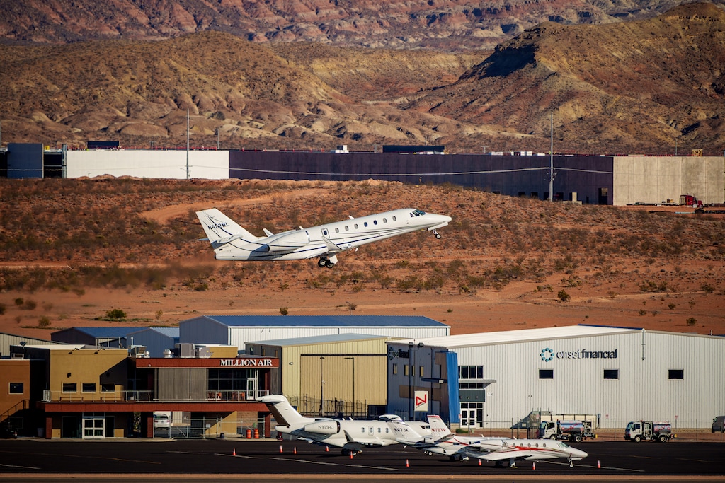 (Trent Nelson  |  The Salt Lake Tribune) A plane takes off from St. George Airport on Sept. 16, 2025.