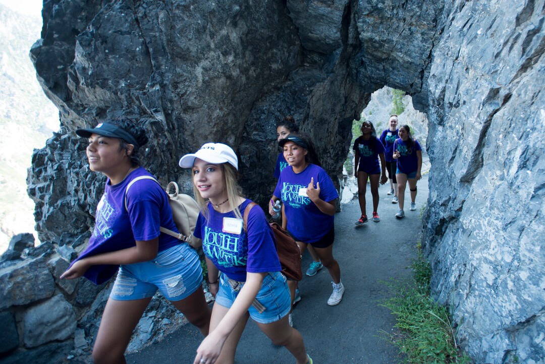 (Rick Egan  |  The Salt Lake Tribune)  Teens in the YouthWorks program make their way up the trail, on their way to Timpanogos Cave, Thursday, Aug. 3, 2017.