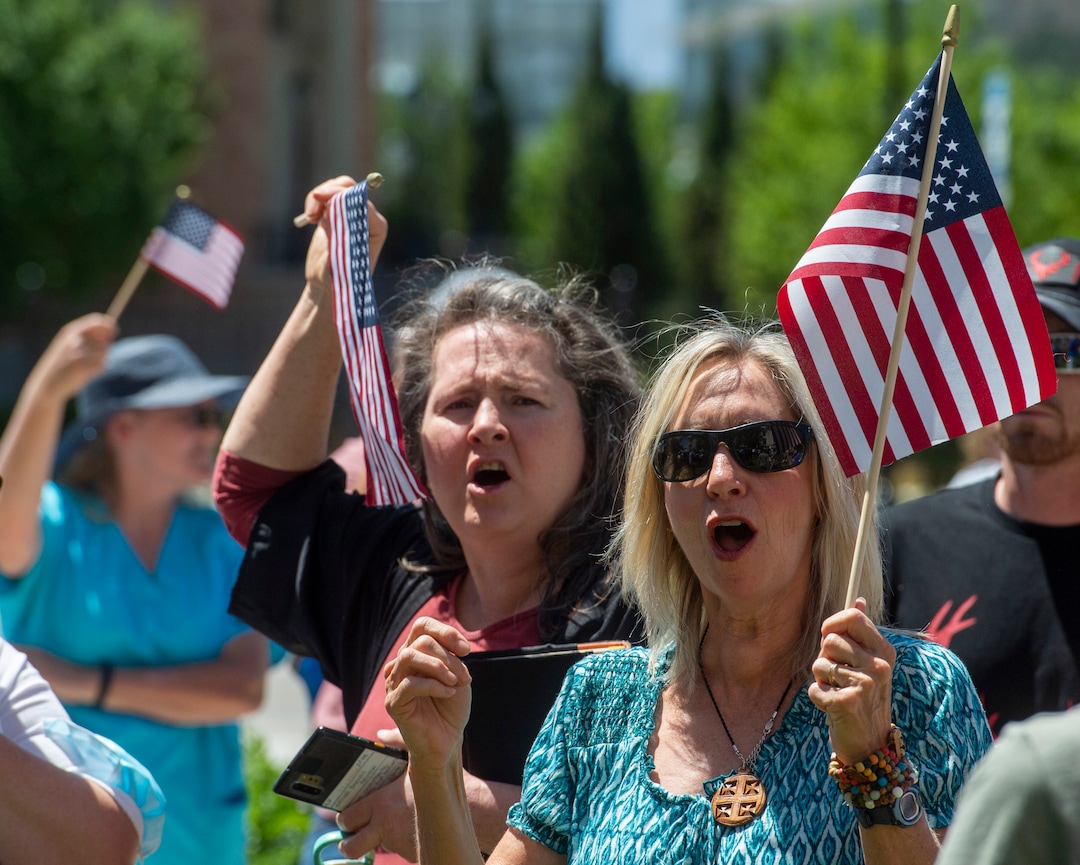 (Rick Egan  |  The Salt Lake Tribune)    Residents shout ÒNo more masksÓ as they rally protesting against masks being required in schools, before the Utah County Commission meeting in Provo, on Wednesday, July 15, 2020.