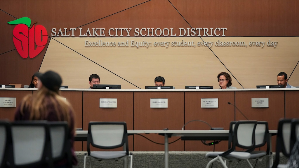 (Bethany Baker  |  The Salt Lake Tribune) The Salt Lake City School District's board of education during a school board meeting on Tuesday, Dec. 3, 2024. The board on Aug. 5, 2025, voted to study potential closures to a high school and magnet program.