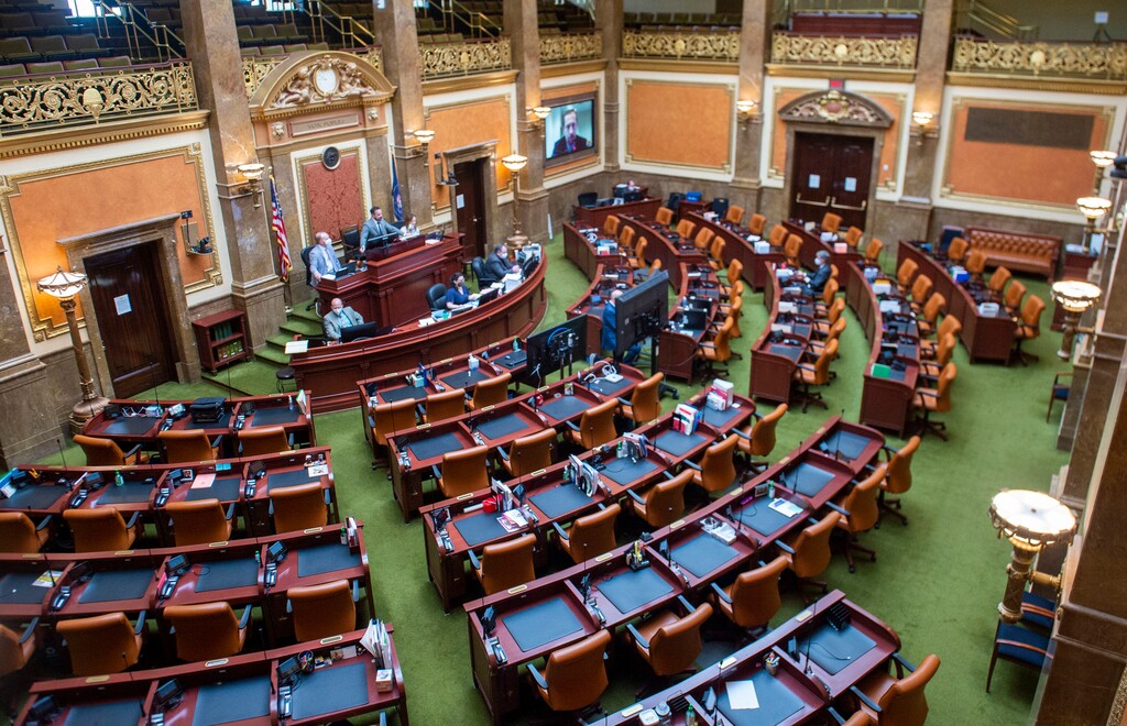 (Rick Egan  |  The Salt Lake Tribune)   Speaker Brad Wilson conducts business in a special session in House Chambers, in front of video monitors and a nearly empty room, Thursday April 16, 2020