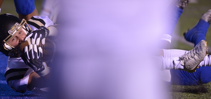 (Leah Hogsten | The Salt Lake Tribune) Lone Peak's Brigham Trowbridge scores a touchdown in the second half. Bingham High School defeated Lone Peak High School, 28-10 during their game Friday, September 28, 2017 in South Jordan.