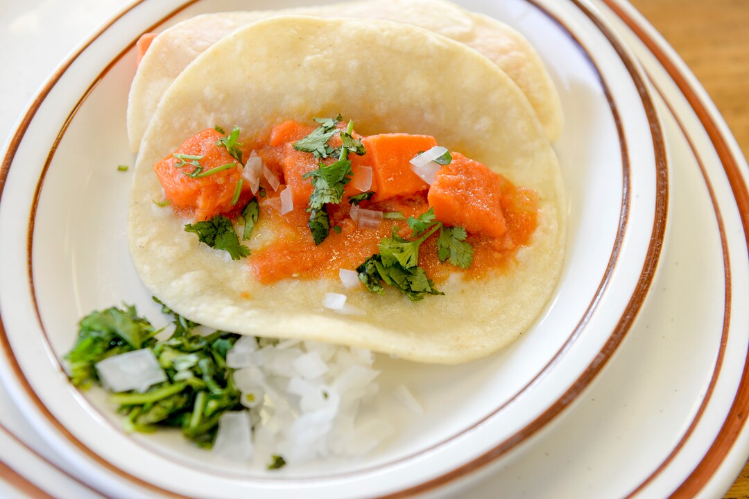 Leah Hogsten  |  The Salt Lake Tribune  Vegan tacos made with sweet potatoes, onions and cilantro at Taqueria Los Lee.