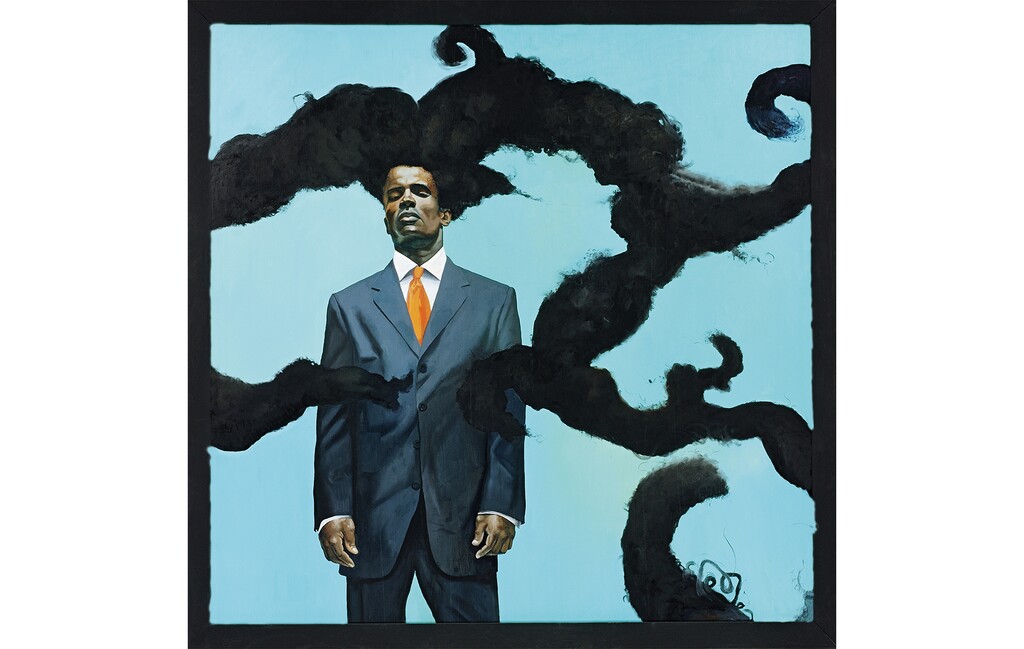 (Marc Bernier | Photo courtesy of Kehinde Wiley, Roberts Projects, American Federation of Arts, and Utah Museum of Fine Arts) Kehinde Wiley, Conspicuous Fraud Series #1 (Eminence), 2001, oil on canvas. The Studio Museum in Harlem; Museum purchase made possible by a gift from Anne Ehrenkranz, 2002.10.14. © Kehinde Wiley.