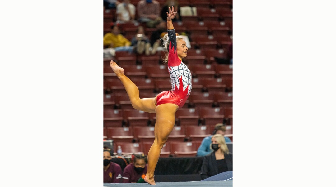 (Rick Egan | The Salt Lake Tribune) Sydney Soloski competes on the floor for Utah in the PAC-12 Gymnastics Championship tournament at the Maverik Center, on Saturday, March 20, 2021.