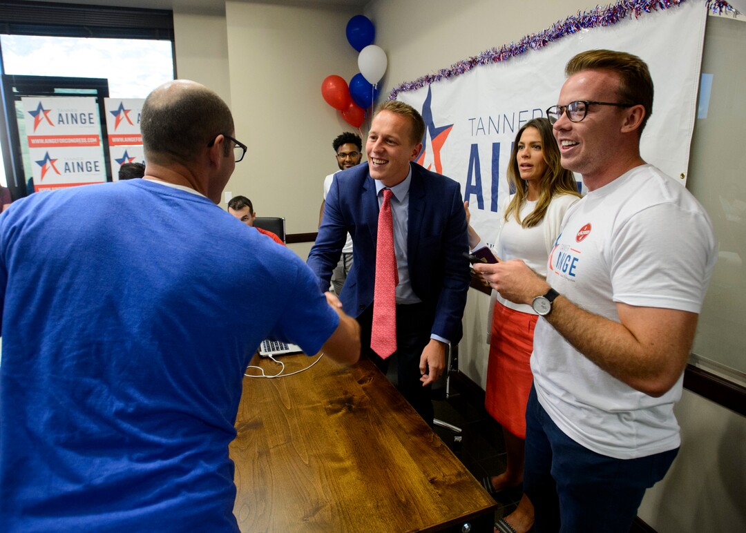 (Steve Griffin  |  The Salt Lake Tribune)  3rd Congressional District candidate Tanner Ainge shakes hands with Sen. Daniel Hemmert, R-Highland at his election night headquarters as he waits for results in the primary in Orem Tuesday August 15, 2017.