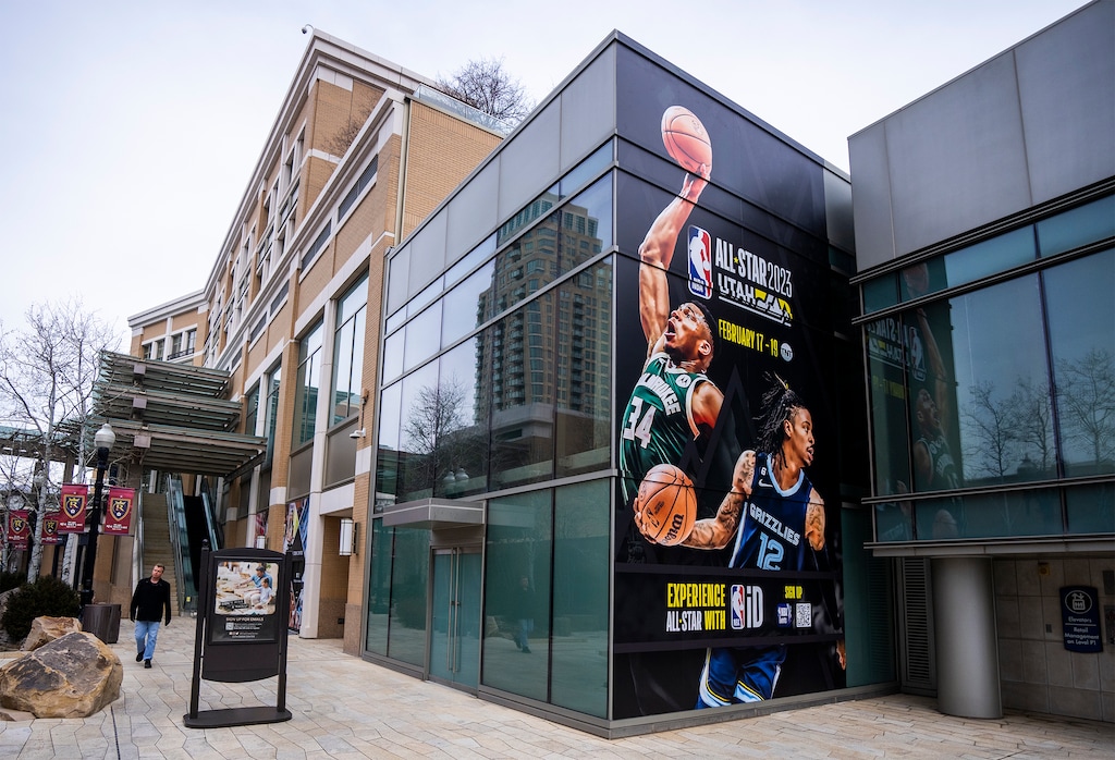 (Rick Egan | The Salt Lake Tribune) Banners at the City Creek Mall advertise for All-Star weekend on Saturday. Salt Lake City doesn't plan any sweeps of homeless camps during the events.