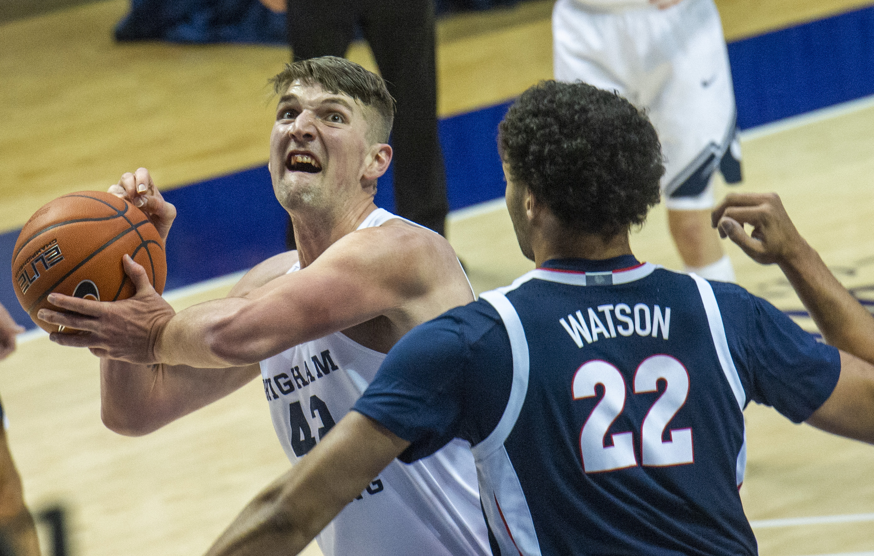 (Rick Egan | The Salt Lake Tribune)  Brigham Young Cougars center Richard Harward (42)looks for a shot, as Gonzaga Bulldogs forward Anton Watson (22) defends, in West Coast Conference Basketball action between the Brigham Young Cougars and the Gonzaga Bulldogs at the Marriott Center in Provo, on Monday, Feb. 8, 2021.