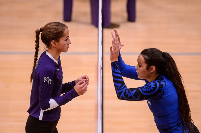 (Trent Nelson  |  The Salt Lake Tribune)  North Summit's Alyssa Richins (10) and Bingham's Talia Myers (5) as North Summit hosts Bingham, high school girls' volleyball in Coalville, Thursday August 17, 2017.